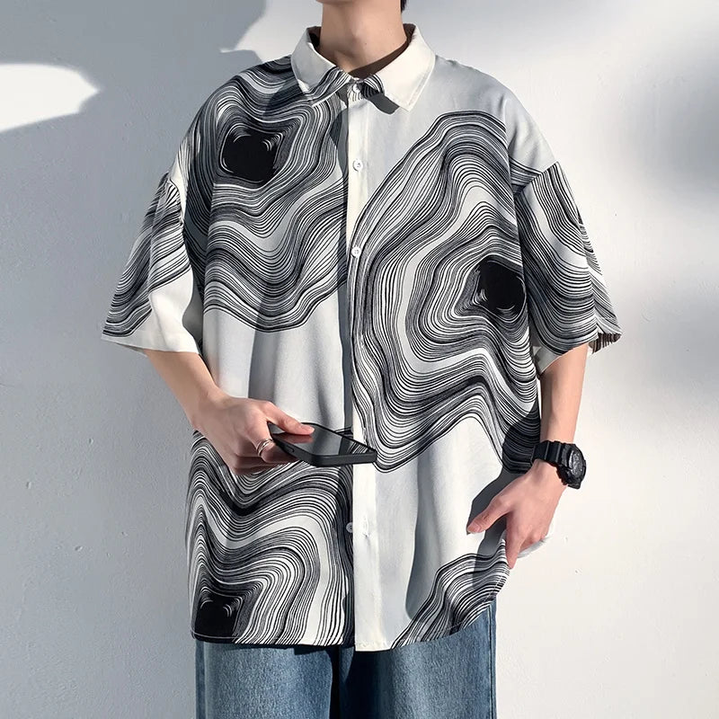 Summer Short Sleeve Shirt Men Fashion Retro Print Shirt Men Loose Black White Ice Silk Shirts Mens Hawaiian Shirt Large Size Street King Limited