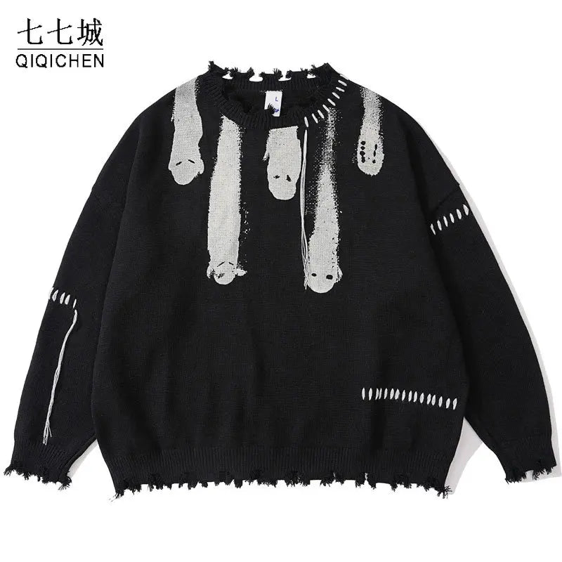 Hip Hop Sweaters Men Streetwear Y2K Grunge Ripped Ghost Punk Gothic Knitted Jumpers Autumn Harajuku Casual Pullover Sweaters Street King Limited
