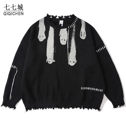 Hip Hop Sweaters Men Streetwear Y2K Grunge Ripped Ghost Punk Gothic Knitted Jumpers Autumn Harajuku Casual Pullover Sweaters Street King Limited