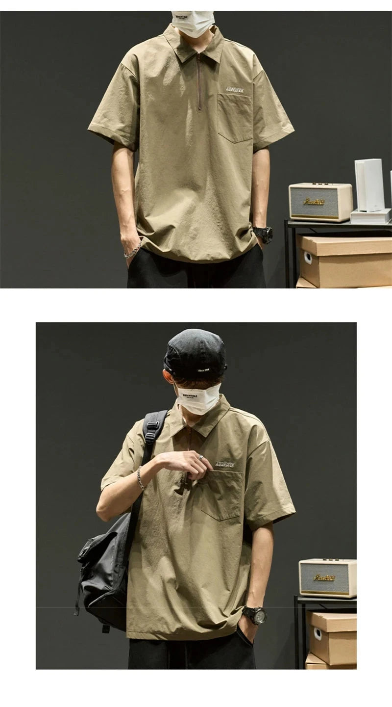 Streetwear Summer Short Sleeve Lapel Polo Shirt Mens Letter Embroidery Zipper Gol Summer Short Sleeve Lapel Polo Shirt Mens Letter Embroidery Zipper Golf Wear 2024 Korean Fashion Streetwear Loose Tee Shirts Fashion Sweater Jacket With Graphic Design For Men