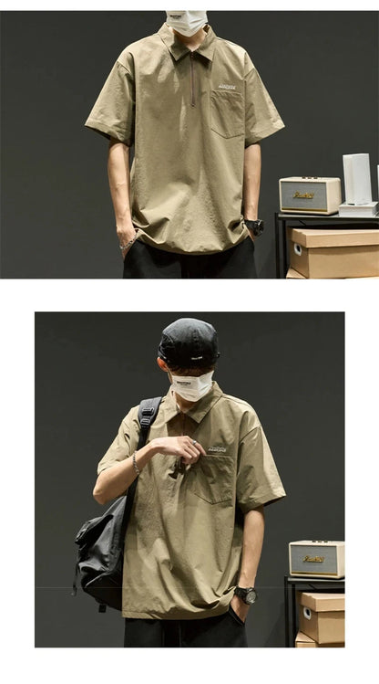 Streetwear Summer Short Sleeve Lapel Polo Shirt Mens Letter Embroidery Zipper Gol Summer Short Sleeve Lapel Polo Shirt Mens Letter Embroidery Zipper Golf Wear 2024 Korean Fashion Streetwear Loose Tee Shirts Fashion Sweater Jacket With Graphic Design For Men
