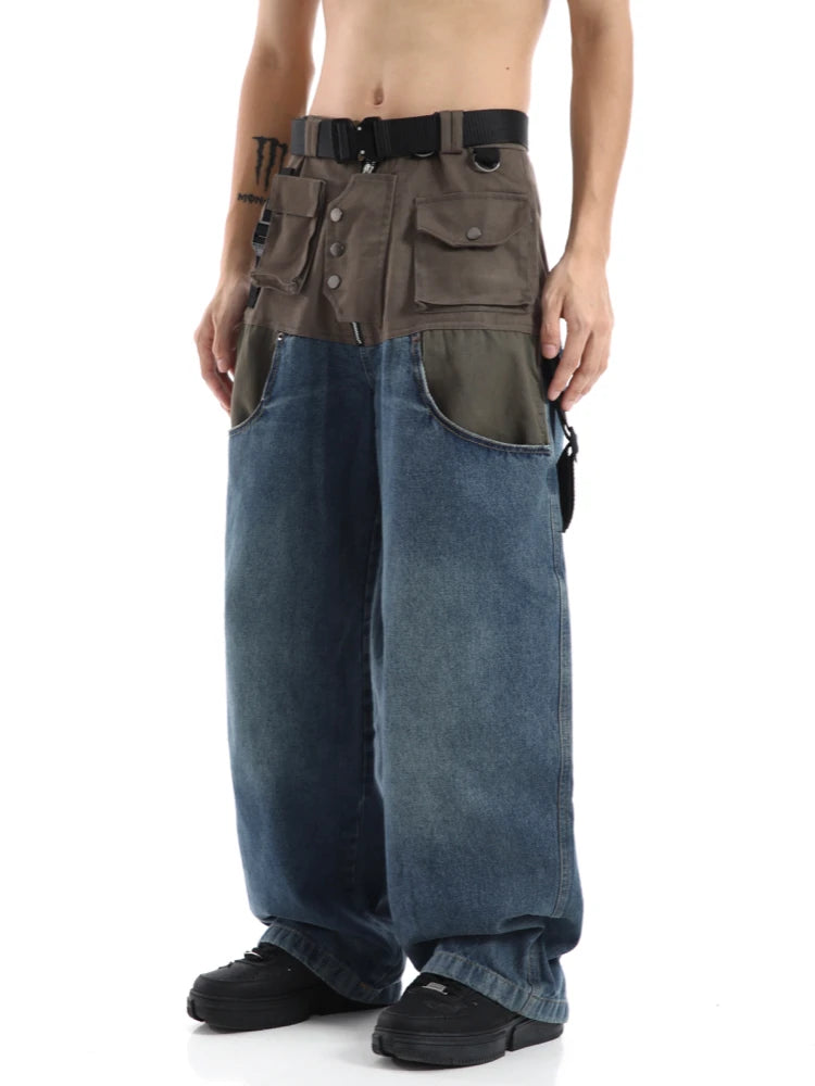 high street cargo pocket patchwork denim jeans pants unisex fashion loose wide leg straight functional tactics pants joggers men casual joggers