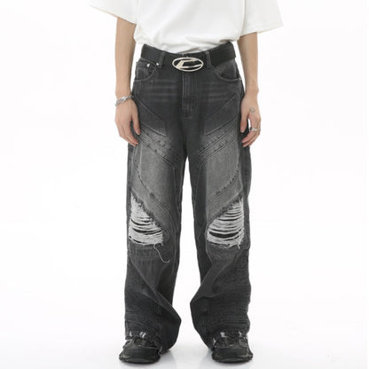 fashion loose streetwear denim jeans new casual wide legs straight jean pants hip hop ripped joggers baggy jeans men clothing unique joggers style 3380