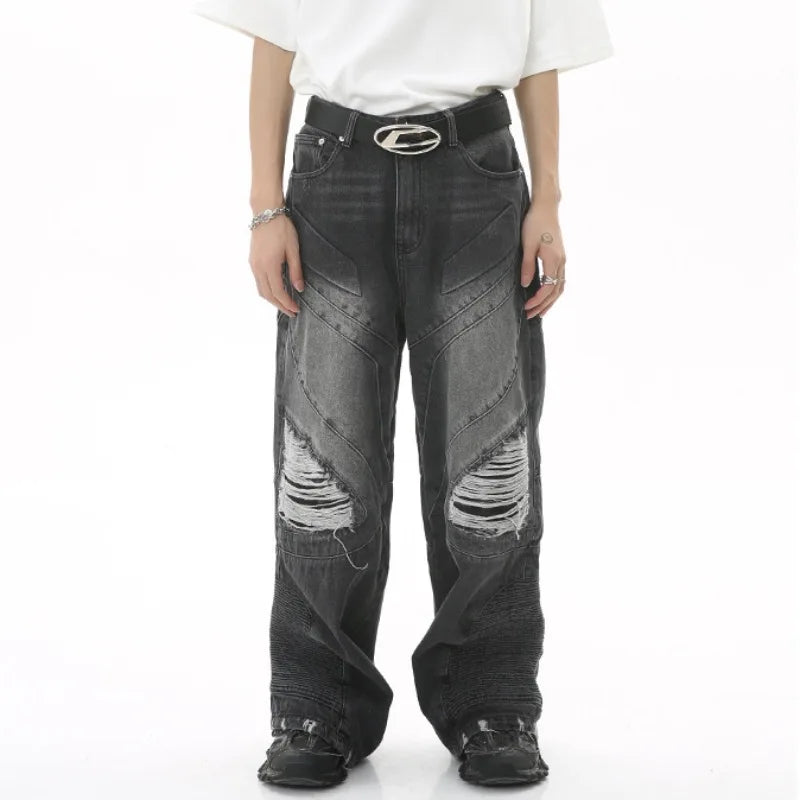 fashion loose streetwear denim jeans new casual wide legs straight jean pants hip hop ripped joggers baggy jeans men clothing relaxed fit joggers