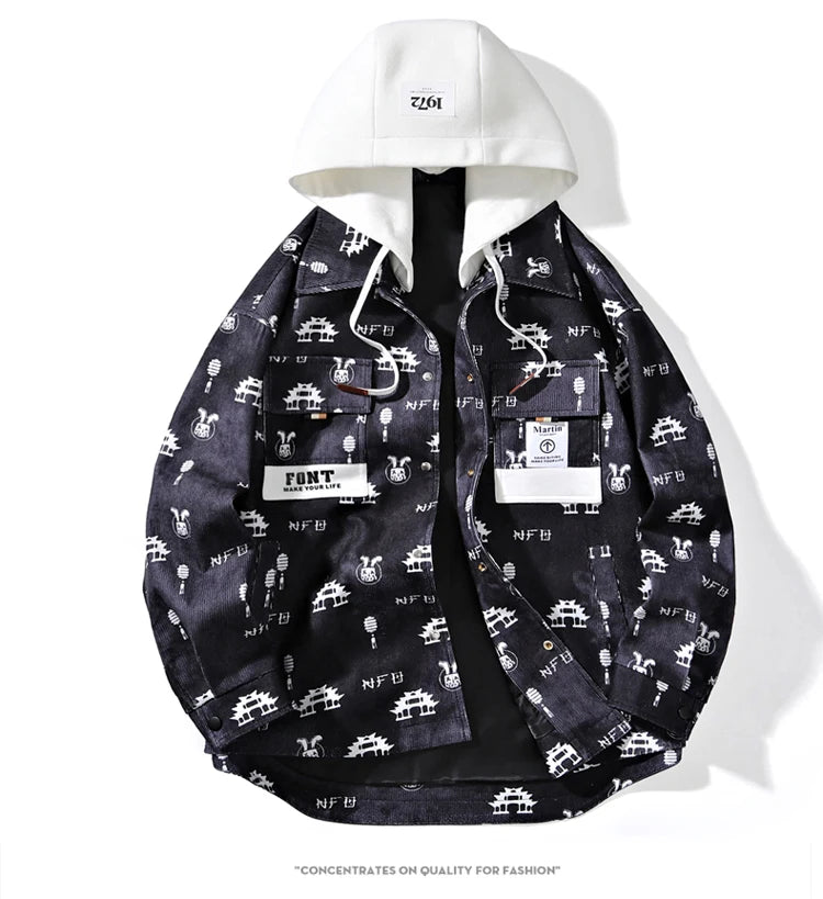 full print jackets for men spring autumn new colour clash hooded coat chest pockets design y2k jackets large size hip hop unique default style 5865