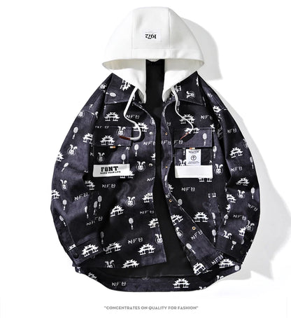 full print jackets for men spring autumn new colour clash hooded coat chest pockets design y2k jackets large size hip hop unique default style 5865
