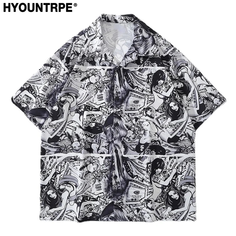 Anime Graphics Print Shirt New Casual Short Sleeve Harajuku Hawaiian Shirt Hip Hop Streetwear Loose Top Shirts for Mens Clothing Street King Limited
