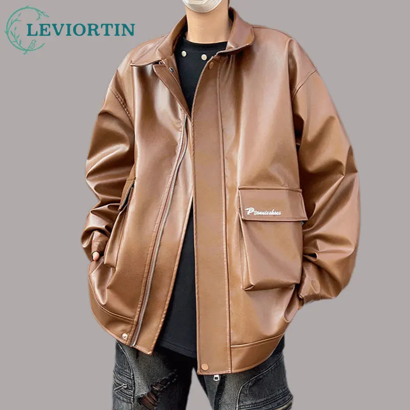 autumn motorcycle pu jacket coat for men leisure trendy workwear jacket niche ruffian handsome double neckline design jacket urban fashion pants