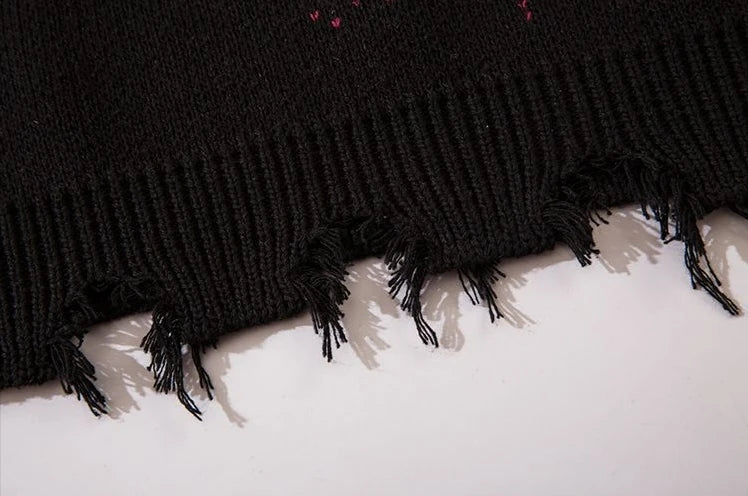 Deeptown Goth Punk Women's Ripped Knitted Sweater Gothic Vintage Jumper Grunge Y2k Knitwear Oversized Autumn Fashion Harajuku Street King Limited