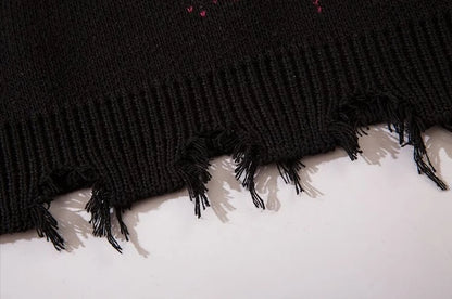 Deeptown Goth Punk Women's Ripped Knitted Sweater Gothic Vintage Jumper Grunge Y2k Knitwear Oversized Autumn Fashion Harajuku Street King Limited