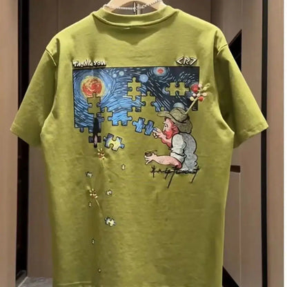 American hip-hop personality starry sky print round neck short sleeved men and women summer trend loose casual T-shirt top y2k Street King Limited