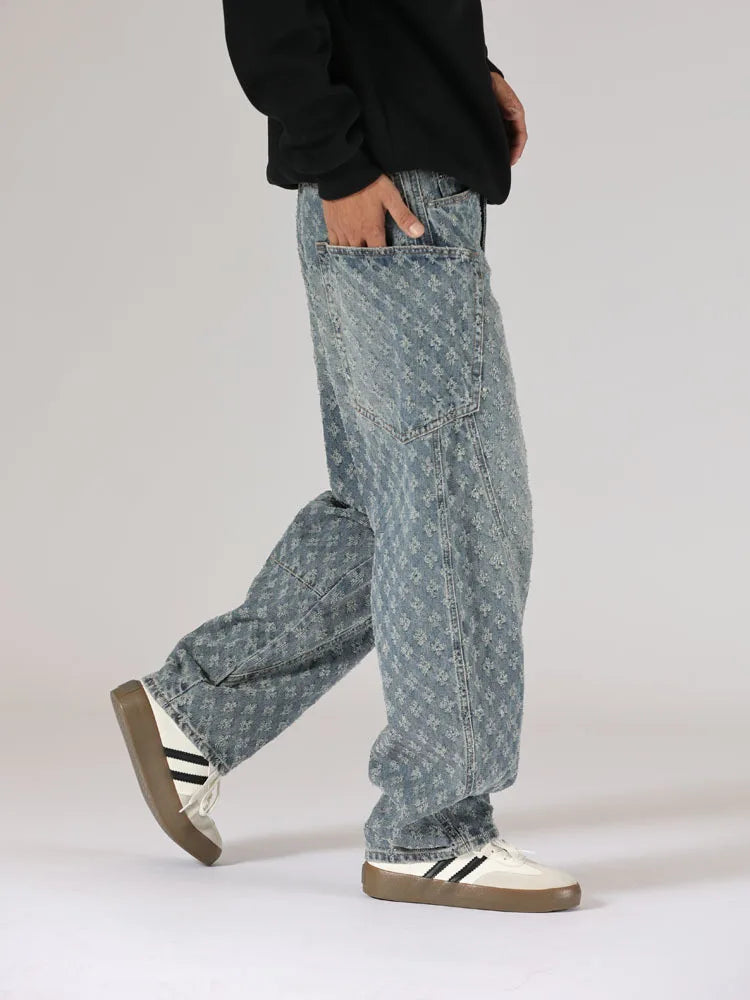 men brand fashion loose casual splice pocket jacquard vintage wide leg baggy jeans cityboy denim baggy jeans pants trousers unique jeans style 2852