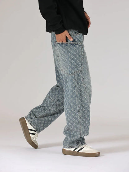men brand fashion loose casual splice pocket jacquard vintage wide leg baggy jeans cityboy denim baggy jeans pants trousers unique jeans style 2852
