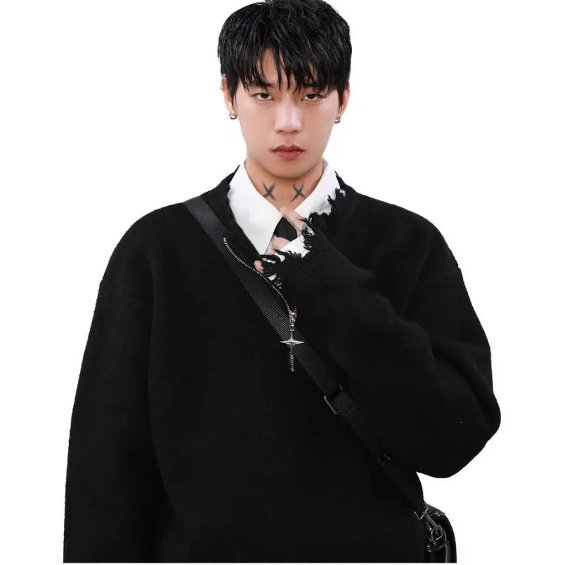 American High Street Mens Sweater 2024 New Autumn Half Zipper Fashion Knitted Tops Damaged Hip-hop Irregular Hem Pullover Street King Limited