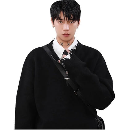 American High Street Mens Sweater 2024 New Autumn Half Zipper Fashion Knitted Tops Damaged Hip-hop Irregular Hem Pullover Street King Limited