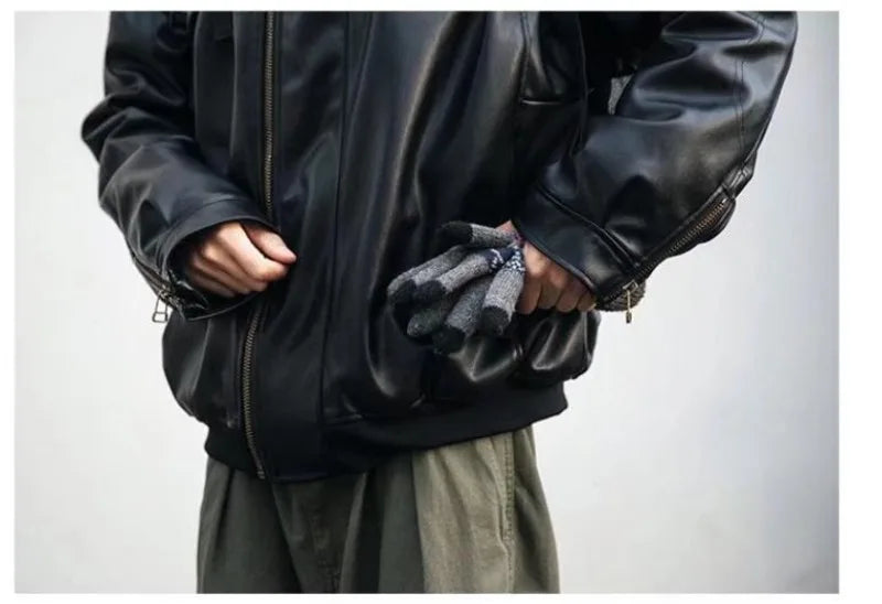 japanese street motorcycle set men thickened stand collar hip hop leather jacket harajuku casual pants 2 pcs bomber suit 2023 unique default style 4350