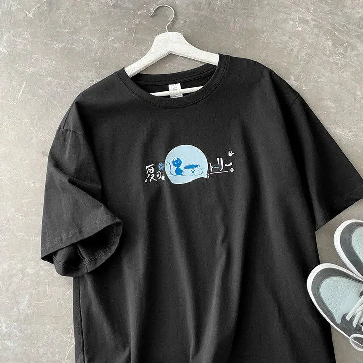 Korean style fun cat print men short-sleeved T-shirt new lazy style y2k simple casual versatile salt loose half-sleeved T-shirt Street King Limited