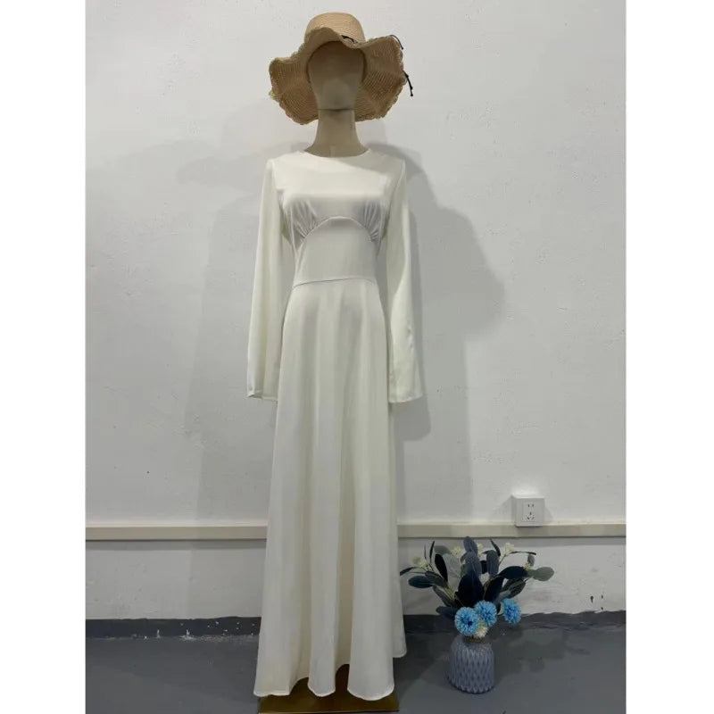 2024 Women Satin Long Dresses Sexy Lace Up Slim Evening Dresses Simple Round Neck Flare Sleeve Birthday Party Dresses For Women Street King Limited