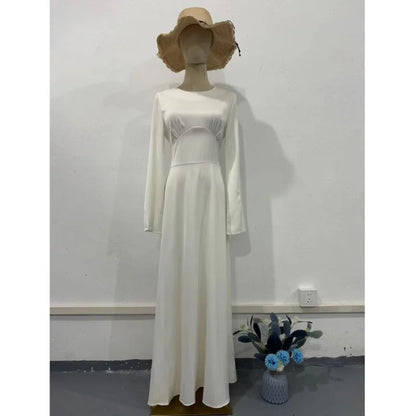 2024 Women Satin Long Dresses Sexy Lace Up Slim Evening Dresses Simple Round Neck Flare Sleeve Birthday Party Dresses For Women Street King Limited