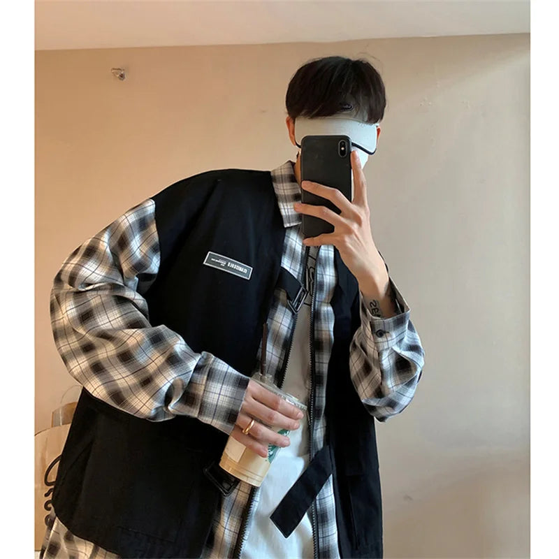 Streetwear New Fake Two Piece Zip Plaid Cargo Shirts Mens Japanese Streetwear Fas 2024 New Fake Two Piece Zip Plaid Cargo Shirts Mens Japanese Streetwear Fashion Social Shirt Autumn Long Sleeve Baggy Y2K Shirt Fashion Sweater Jacket With Graphic Design For Men