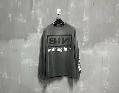 Summer Retro Vintage SIN Print High-Street Distressed Worn Cotton Casual Loose Long Sleeve T-Shirt Pullover Street King Limited