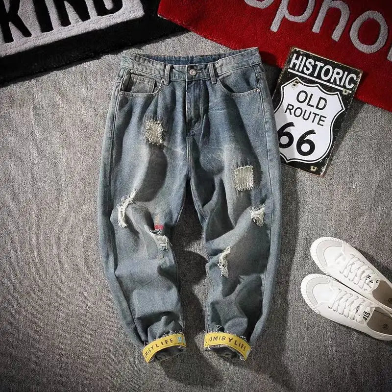 Men's Jeans with Holes Man Cowboy Pants Cropped Harem Hip Hop Trousers 2024 Korean Style Torn Ripped Broken Retro Classic pants Street King Limited