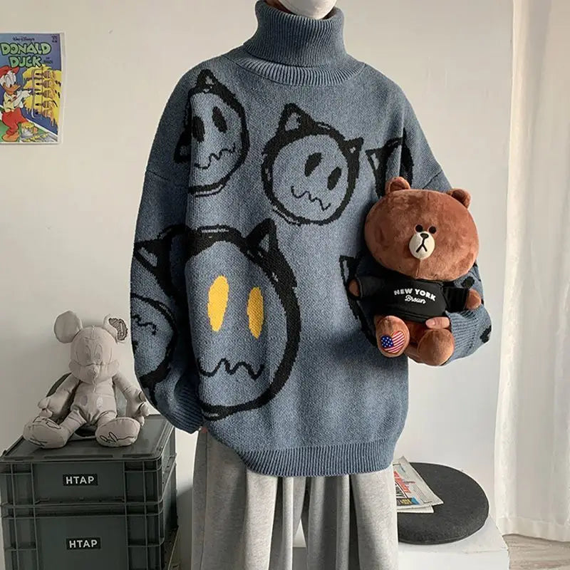 Korean literature art turtleneck sweater men autumn winter lazy style knitted sweater cartoon devil print wool clothes pullovers Street King Limited
