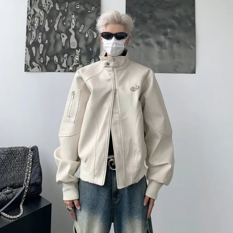 punk leather jacket mens spring standing collar trendy high street coats y2k streetwear hip hop motorcycle outwear 2024 new unique default style 2239