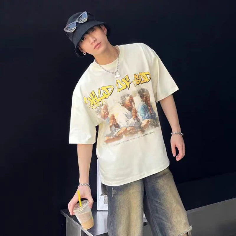 Saint T Shirt Prayer Child Nostalgia Vintage Printing Hip Hop Loose Casual Men Woman High Quality Tops Tee Street King Limited