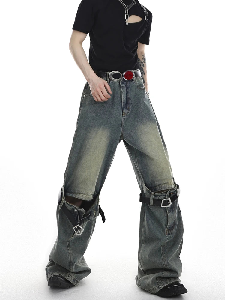 mens knee patchwork belts denim jeans unisex hip hop fashion streetwear harajuku loose flare straight y2k jean pants joggers streetwear sweatpants
