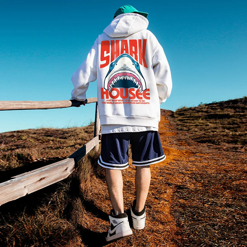 New in Anime Shark Graphic Printed Hooded Sweatshirts Men Hip Hop Fashion Pullover Hoodies Y2K Streetwear Loose Fleece Hoody Street King Limited