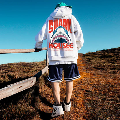 New in Anime Shark Graphic Printed Hooded Sweatshirts Men Hip Hop Fashion Pullover Hoodies Y2K Streetwear Loose Fleece Hoody Street King Limited