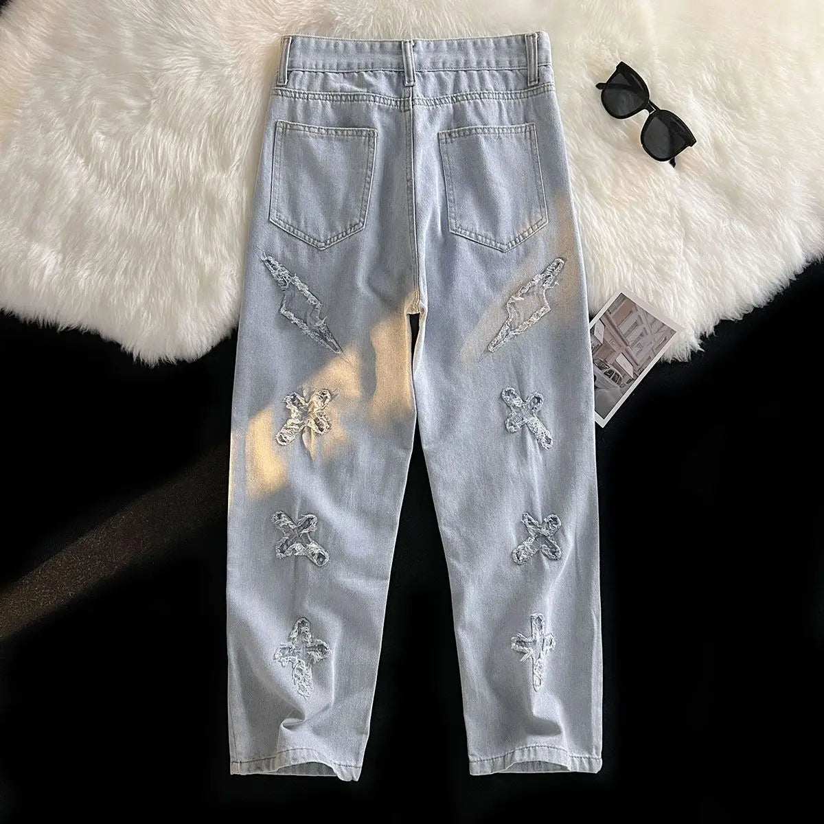 Korean Street Style Retro Pants Raw Edge Cross Jeans Design Y2K Personality Men and Women Niche Hip-hop Loose Sports Jeans Street King Limited