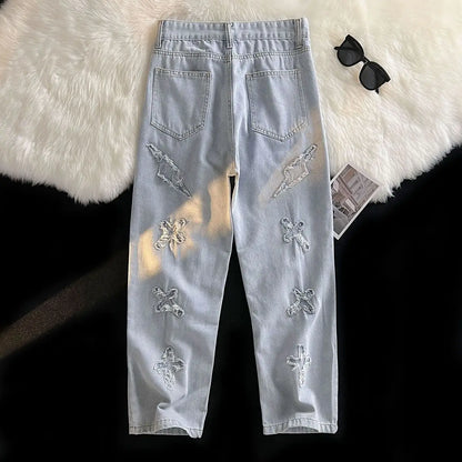 Korean Street Style Retro Pants Raw Edge Cross Jeans Design Y2K Personality Men and Women Niche Hip-hop Loose Sports Jeans Street King Limited