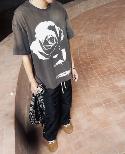 Vintage 90s Old School Style Sunfade Rose Cracking Washed Old Streetwear Printed T-shirt For Men Street King Limited