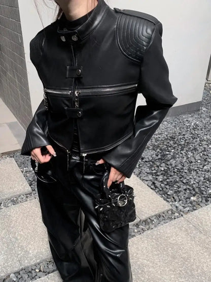 european and american heavy industry multi zipper design spider web shoulder pad leather jacket for women 2024 new jacket top unique default style 1574