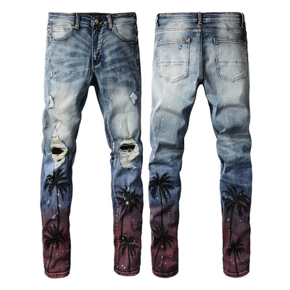 high street printed ripped holes denim jeans mens casual slim fit biker zipper trousers streetwear hip hop jean pants joggers unique joggers style 2441