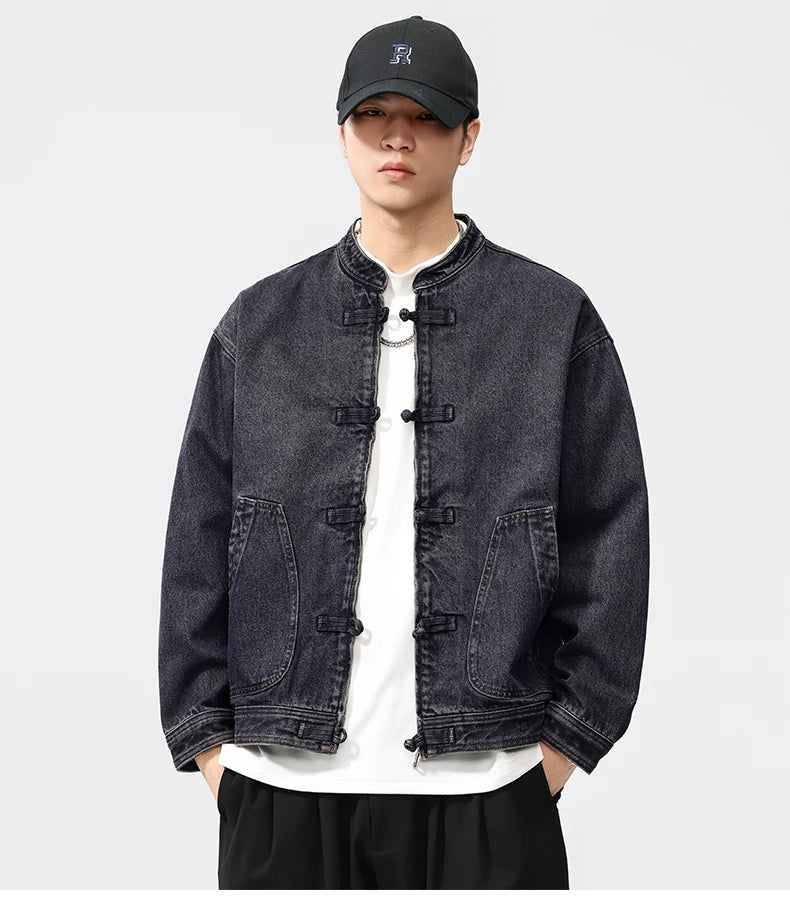 men spring autumn streetwear fashion retro loose casual plus size stand collar denim jacket man jeans coat outerwear unique jeans style 907