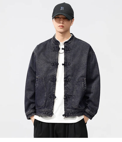 men spring autumn streetwear fashion retro loose casual plus size stand collar denim jacket man jeans coat outerwear unique jeans style 907