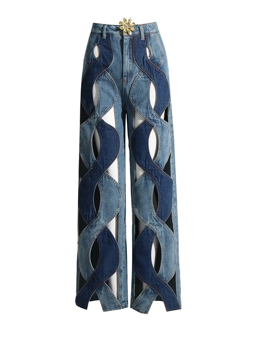womens hollow jeans spring trend personality high waist zipper casual wide leg pants fashion casual clothing y2k pants jeans vintage washed jeans