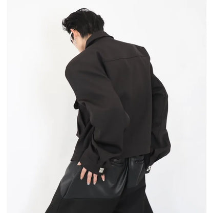 trendy high street jacket mens unisex metal button shoulder pad short coats multi pocket punk hip hop loose outwear oversized unique shorts style 3526