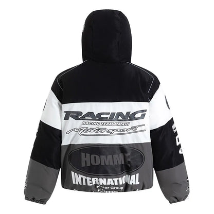 Men Padded Jackets American Vintage Letter Printed Racing Outwear Y2K Loose Hooded Waterproof Coats Hip Hop Baseball Clothing Street King Limited
