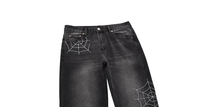 mens hip hop streetwear denim pants cobweb embroidery denim pants 2023 harajuku zipper cotton joggers jeans trousers harem pants unique joggers style 927