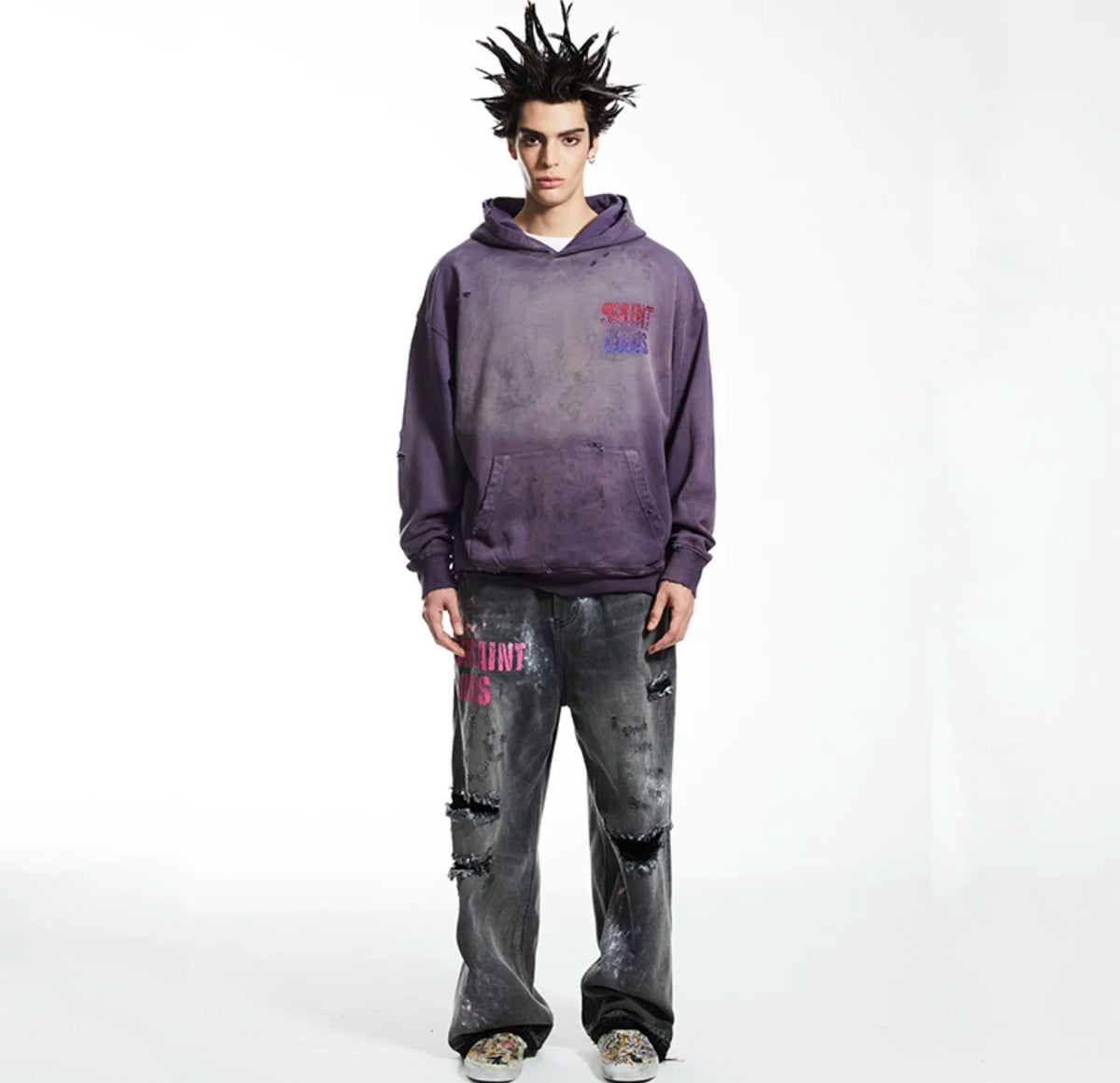 24 New SSAINT LOUIS Rhinestone Designs Gradient Purple Letter Print High-Street Hoodies Hooded Sweatshirt Street King Limited