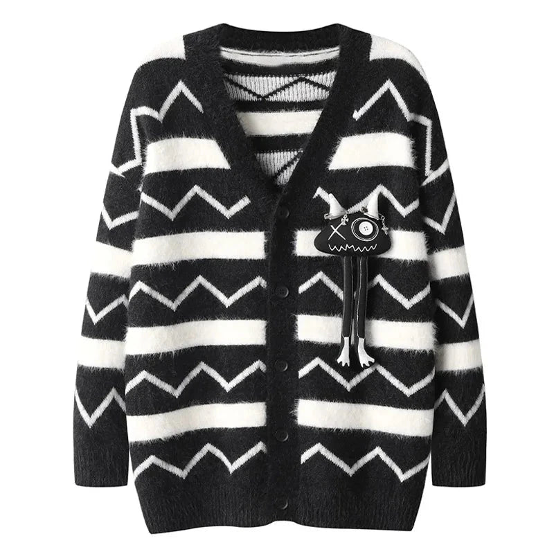 Men Striped Cardigan Devil Doll Contrast Color Sweaters American High Street Retro Knitwear Casual Loose Knit Jumpers Unisex Street King Limited