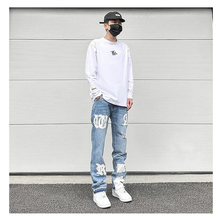 letters patckwork bottom ripped denim jeans men casual straight biker trousers fashion streetwear hip hop jean pants joggers unique joggers style 2720