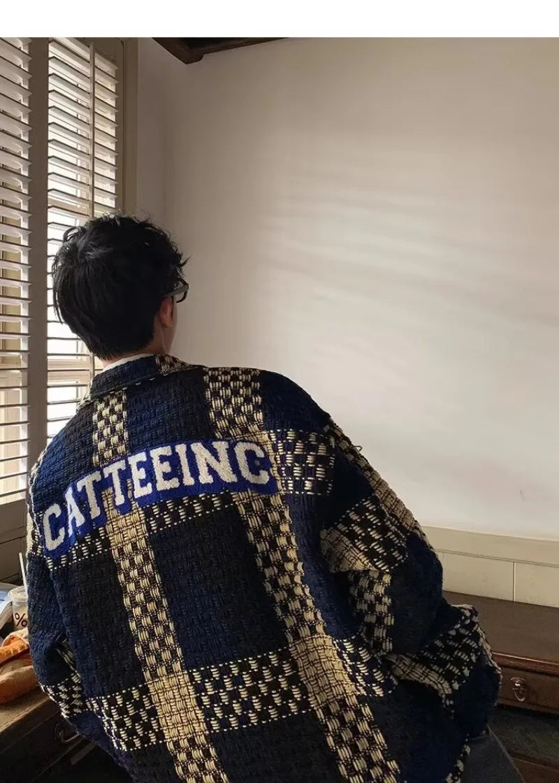 high street lattice mens jackets woven fabric single breasted loose harajuku shirt coats letter embroidered casual male tops unique default style 1821