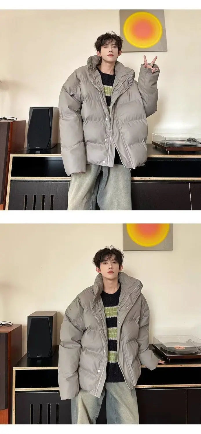 Winter Korean style stand up collar trend PU leather men and women high-end feeling thick cotton jacket couple loose casual top Street King Limited