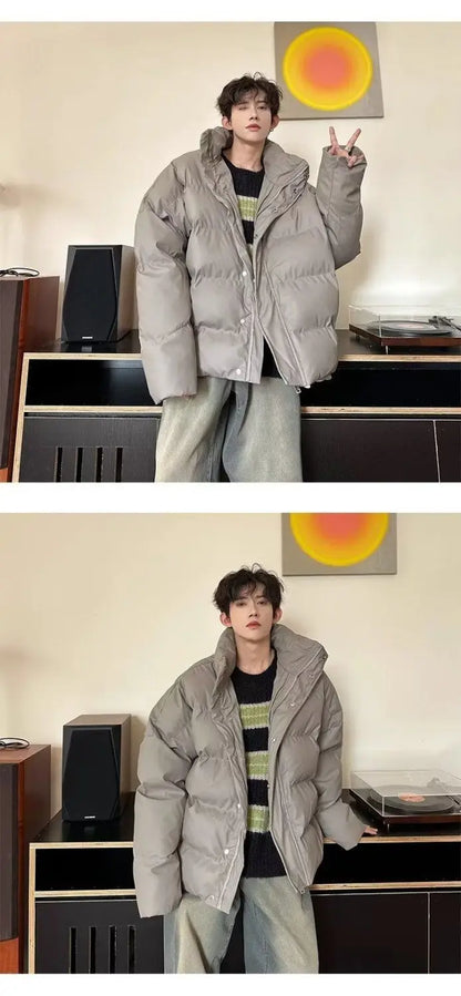 Winter Korean style stand up collar trend PU leather men and women high-end feeling thick cotton jacket couple loose casual top Street King Limited