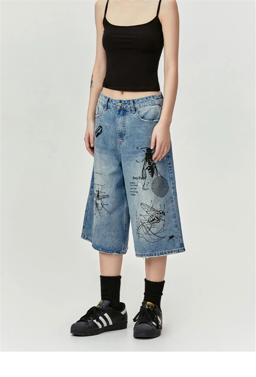 Men's Ripped Denim Shorts 2024 Summer Fashion Graffiti Insect Patterned Jeans Shorts Harajuku Streetwear Short Pants Y2K Street King Limited
